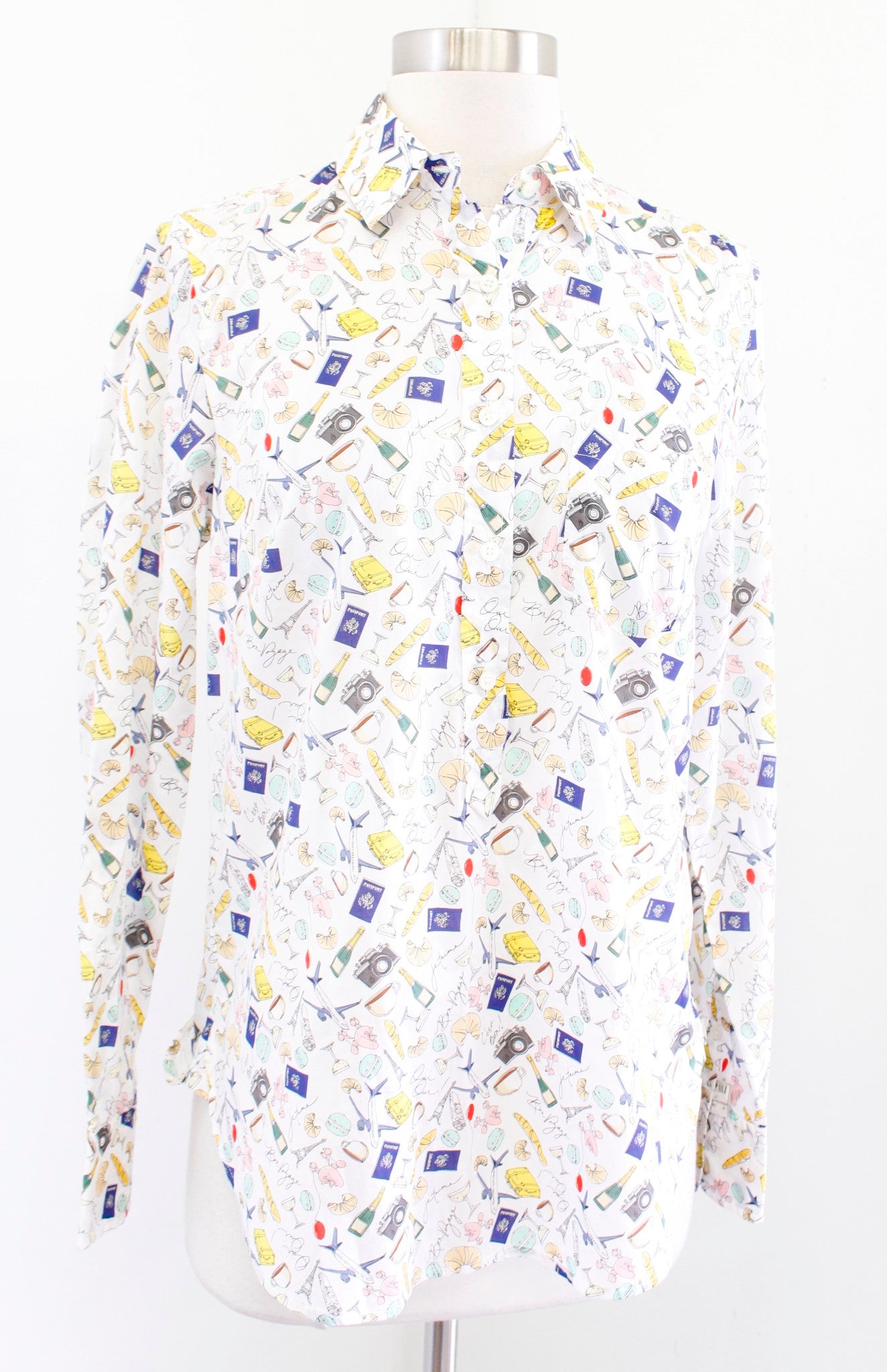 NWT J Crew White Novelty French Print Parisian Popover Blouse Top Size 2 Travel Long Sleeve