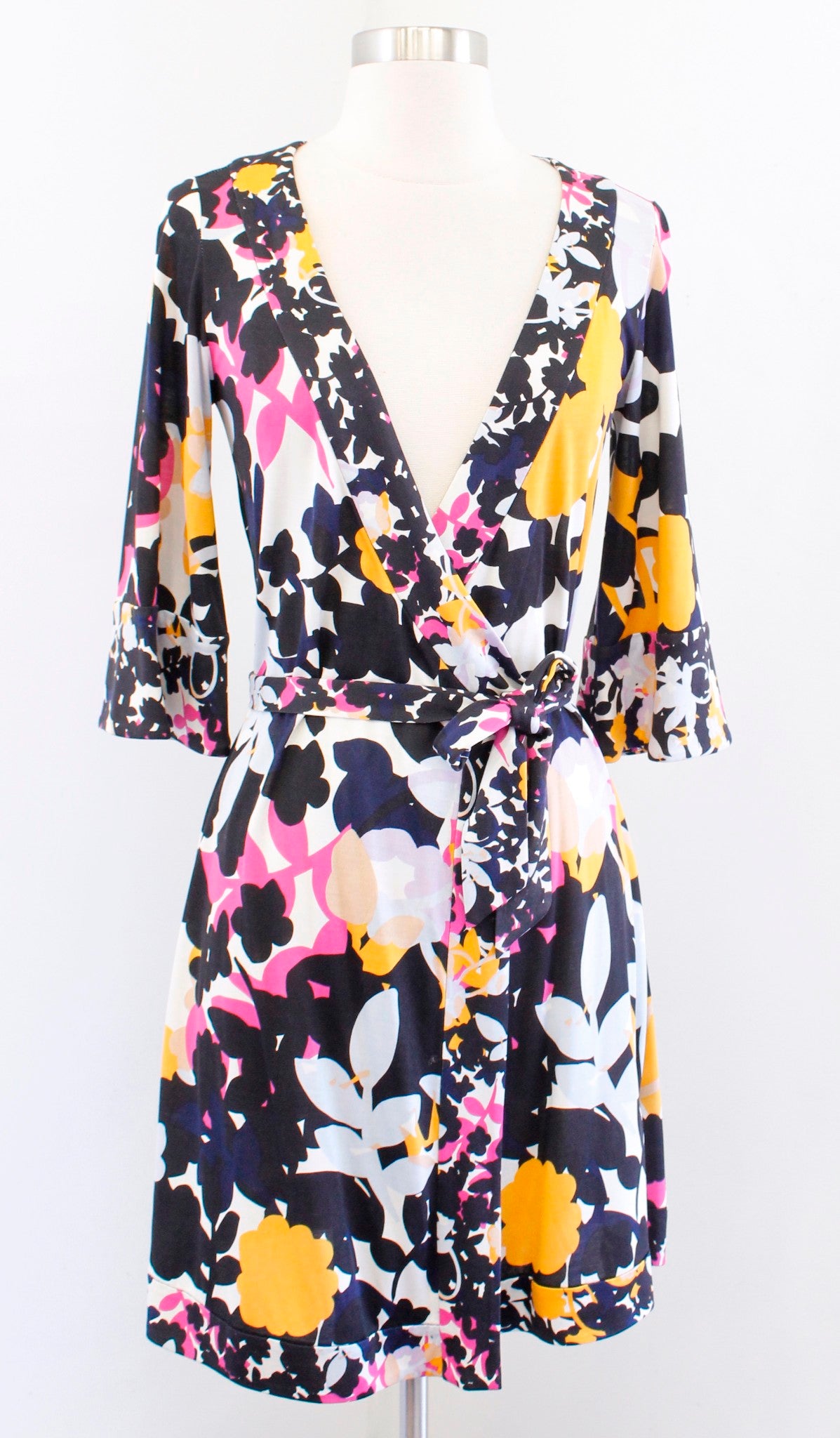 Diane Von Furstenberg Renny Colorful Floral Silk Jersey Wrap Dress Size 2 Black