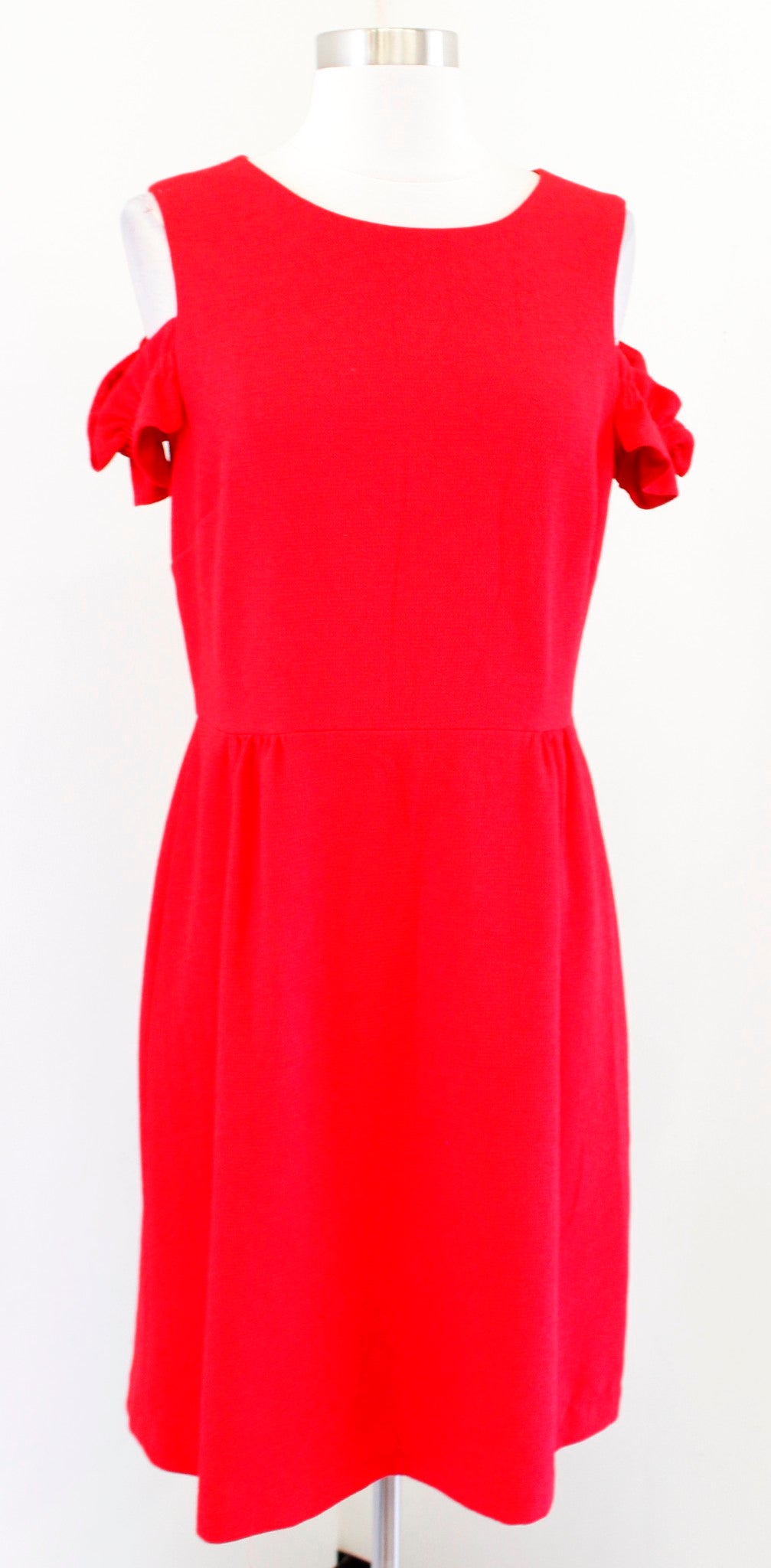 Tahari ASL Levine Red Crepe Ruffle Cold Shoulder Sheath Dress Size 6 Casual