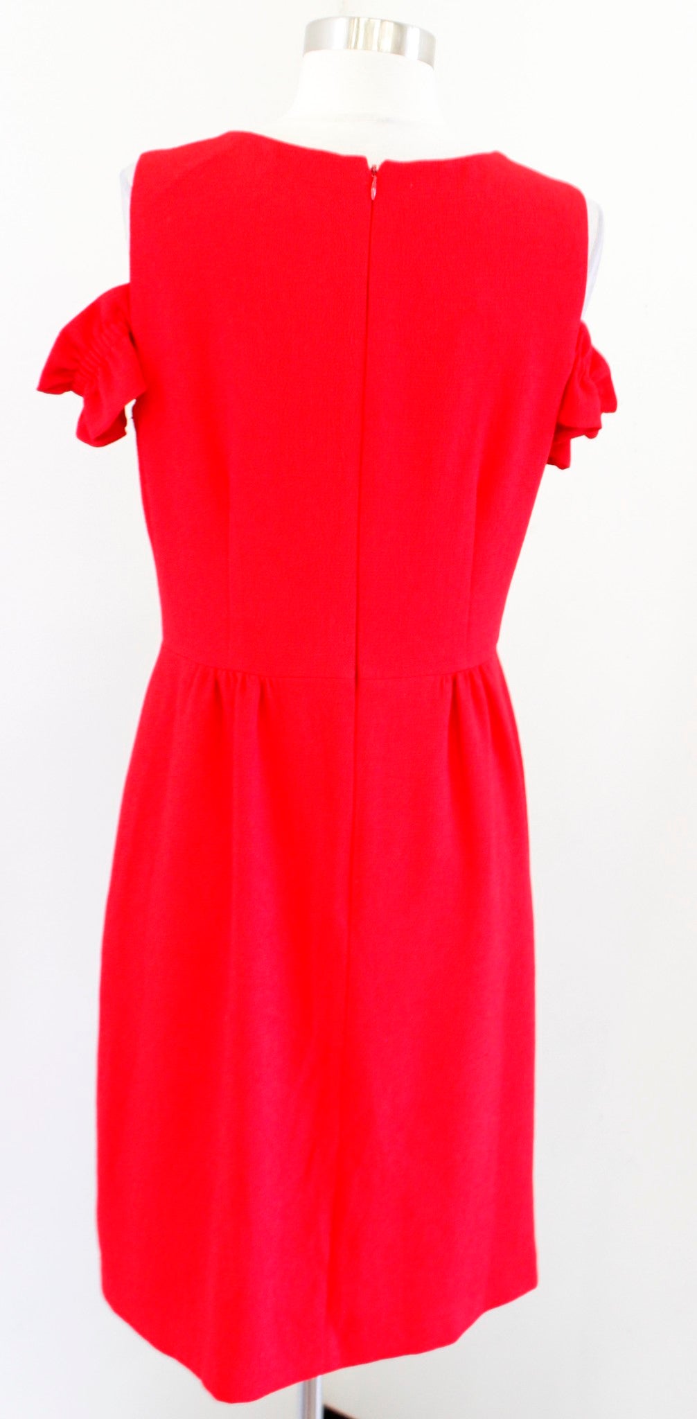 Tahari ASL Levine Red Crepe Ruffle Cold Shoulder Sheath Dress Size 6 Casual