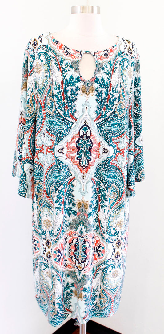 Chicos Blue Green Multi Color Paisley Medallion Print Shift Dress Size 3 Keyhole
