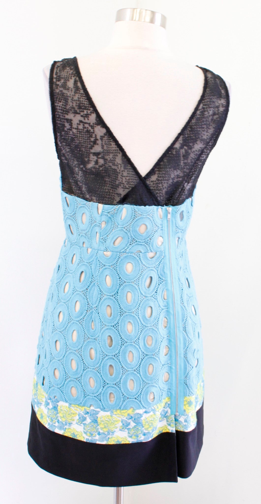 NWT Tracy Reese Blue Black Contrast Mesh Lace Sheath Dress Size 4 Geometric Mini