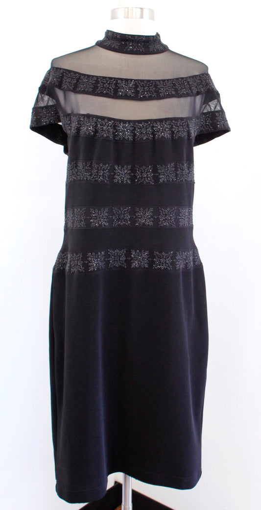 Vtg 90s Cache Black Mesh Mock Neck Beaded Cocktail Party Dress Size L Evening