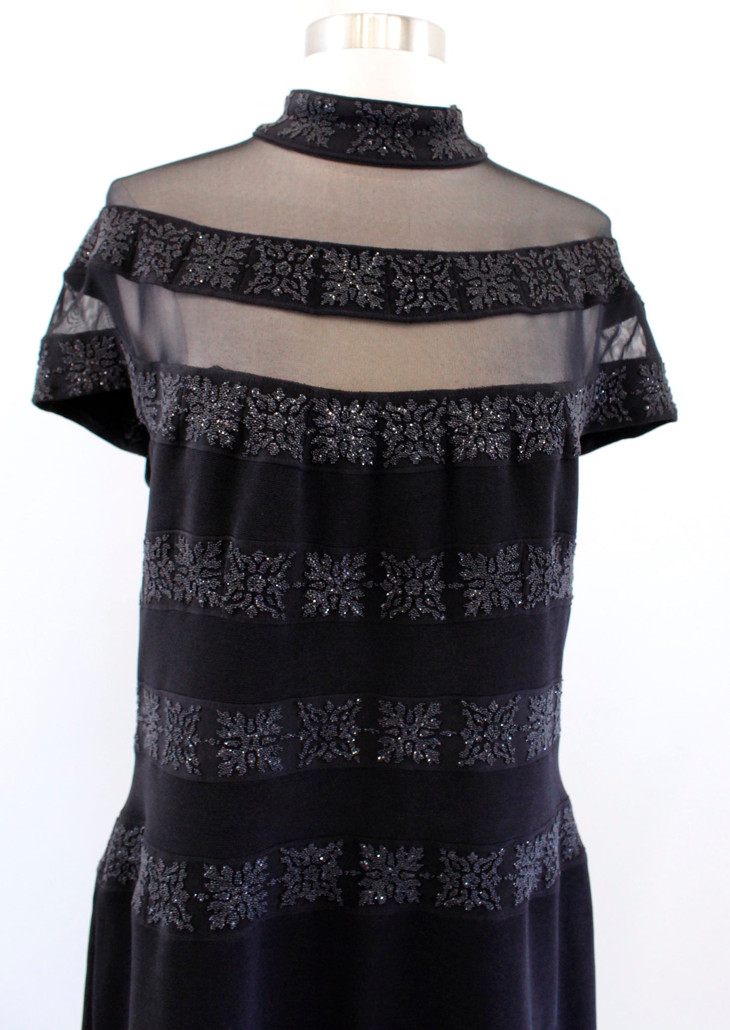 Vtg 90s Cache Black Mesh Mock Neck Beaded Cocktail Party Dress Size L Evening