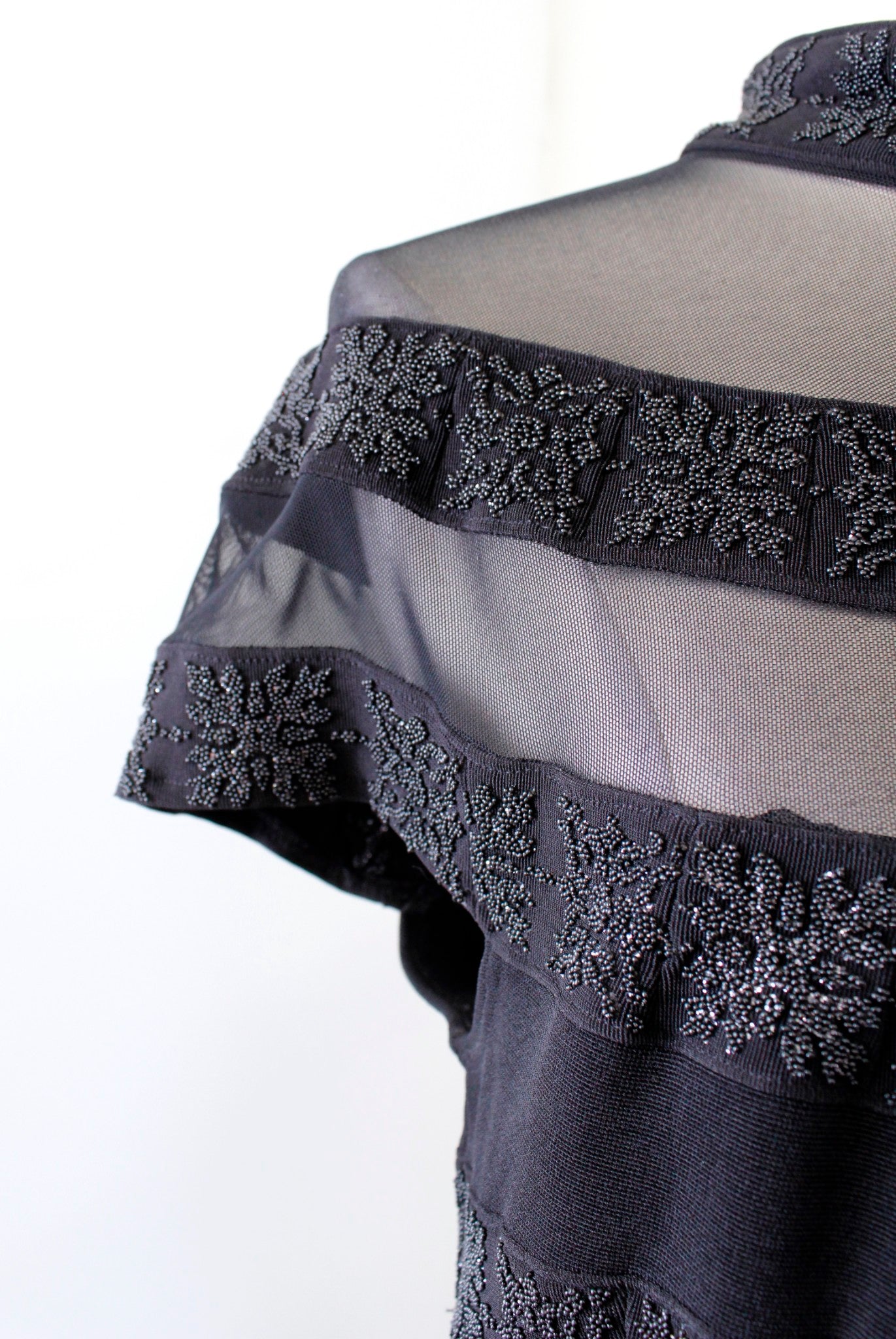 Vtg 90s Cache Black Mesh Mock Neck Beaded Cocktail Party Dress Size L Evening