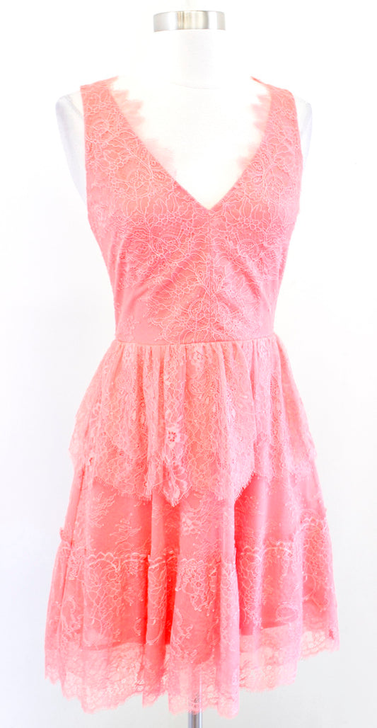 BCBG Max Azria Willa Poppy Coral Lace V Neck Tiered Cocktail Party Dress Size S