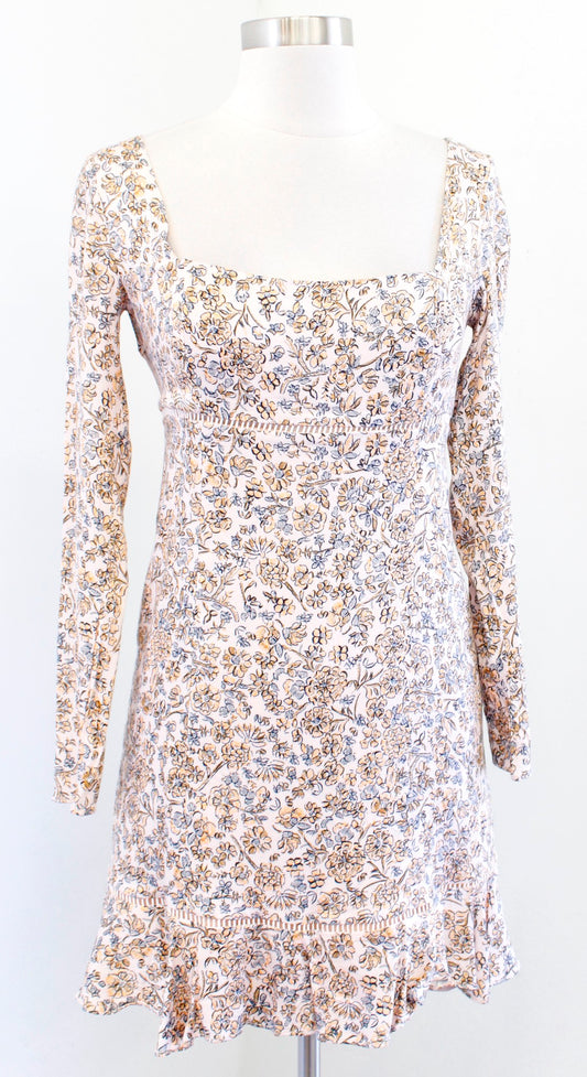 Free People Boheme Ivory Combo Floral Flounce Mini Dress Size 2 Long Sleeve Boho