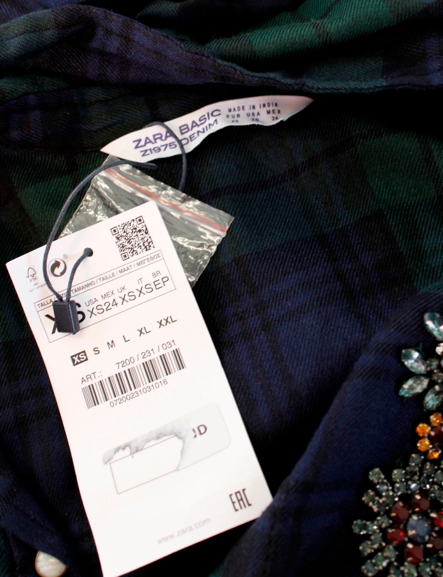 NWT Zara Basic Denim Green Plaid Snap Button Floral Beaded Shirt Blouse Size XS Long Sleeve