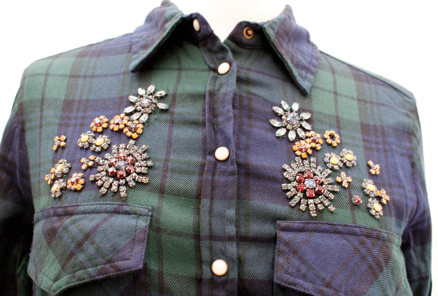 NWT Zara Basic Denim Green Plaid Snap Button Floral Beaded Shirt Blouse Size XS Long Sleeve