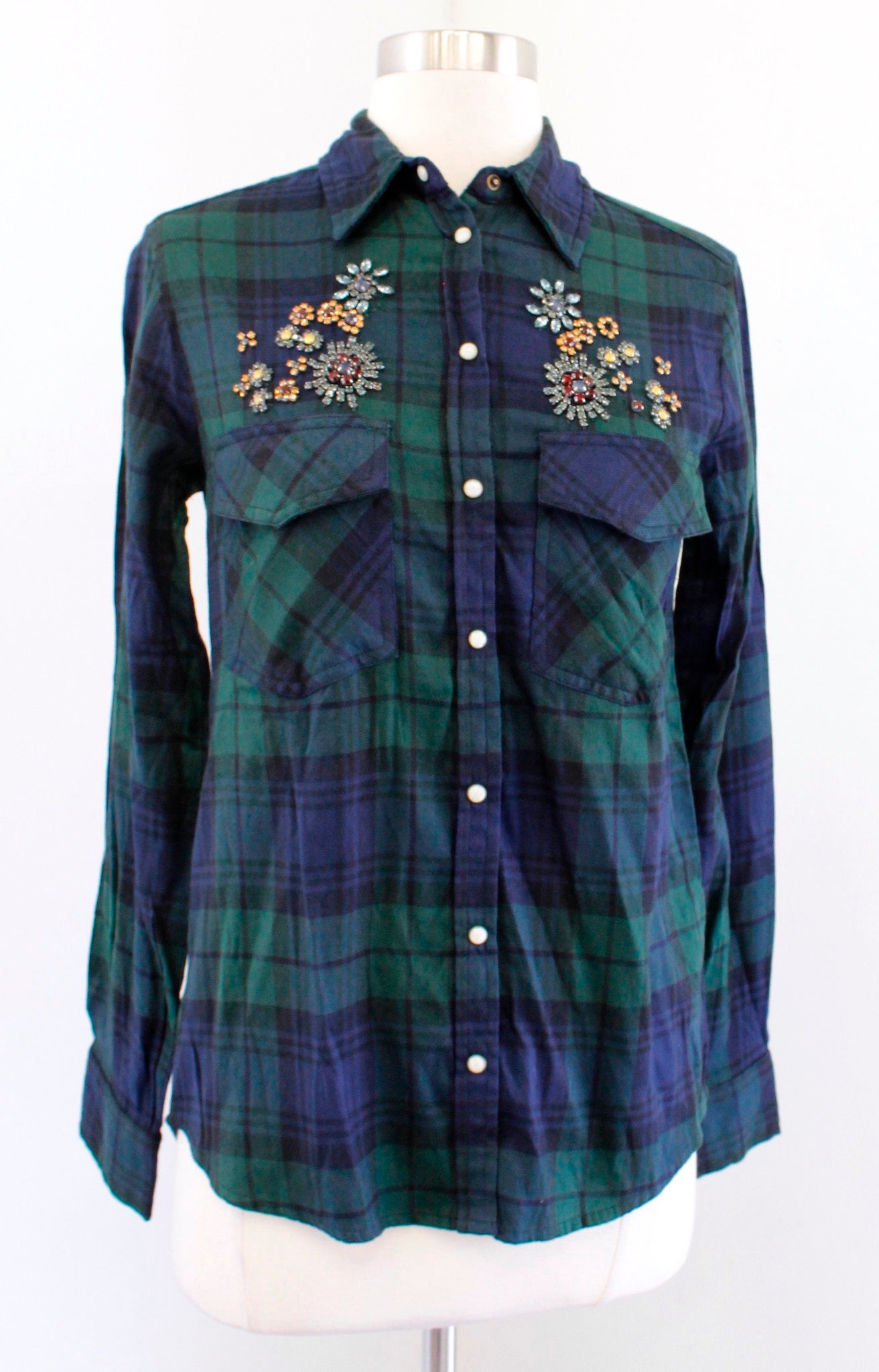 NWT Zara Basic Denim Green Plaid Snap Button Floral Beaded Shirt Blouse Size XS Long Sleeve