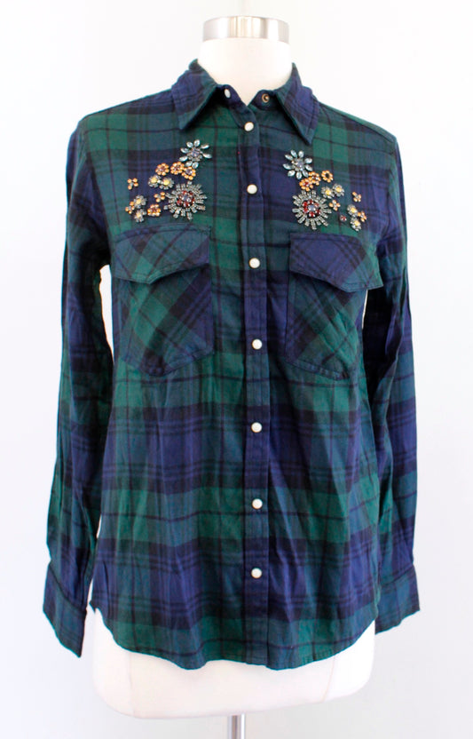 NWT Zara Basic Denim Green Plaid Snap Button Floral Beaded Shirt Blouse Size XS