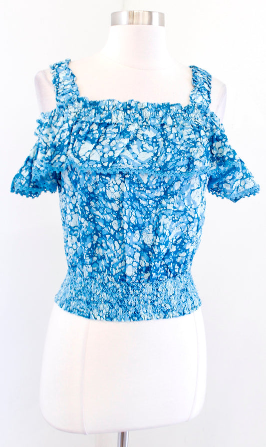 NWT House of Harlow Martine Blue Printed Smocked Cold Shoulder Top Blouse XS