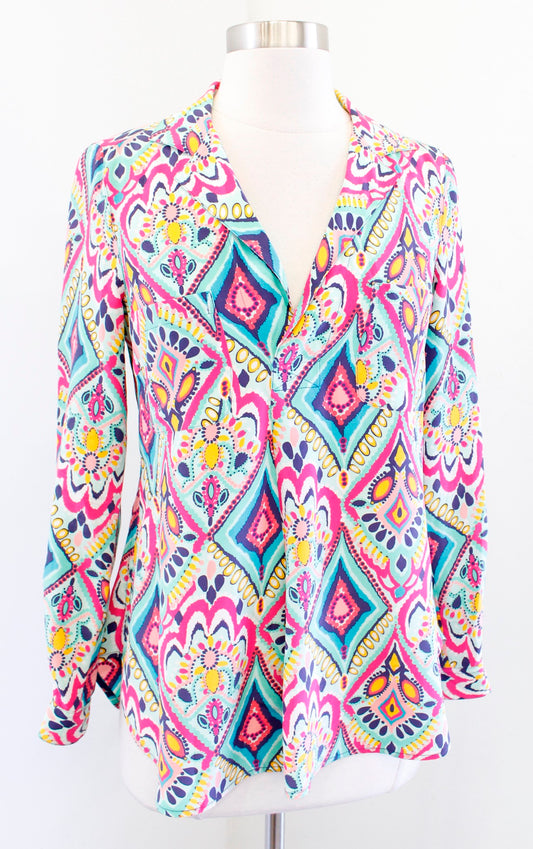 Lilly Pulitzer Boston Crown Jewels Silk Geometric Print Popover top Blouse Sz XS