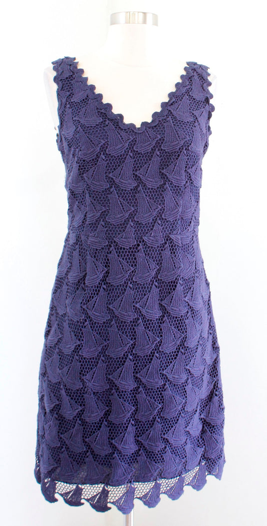 Lilly Pulitzer Reeve Navy Blue Sailboat Lace Sheath Dress Size 4 V Neck Nautical