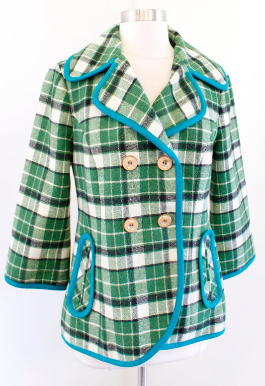 Tabitha Anthropologie Green Plaid Blue Piped Peacoat Double Breasted Jacket Sz S