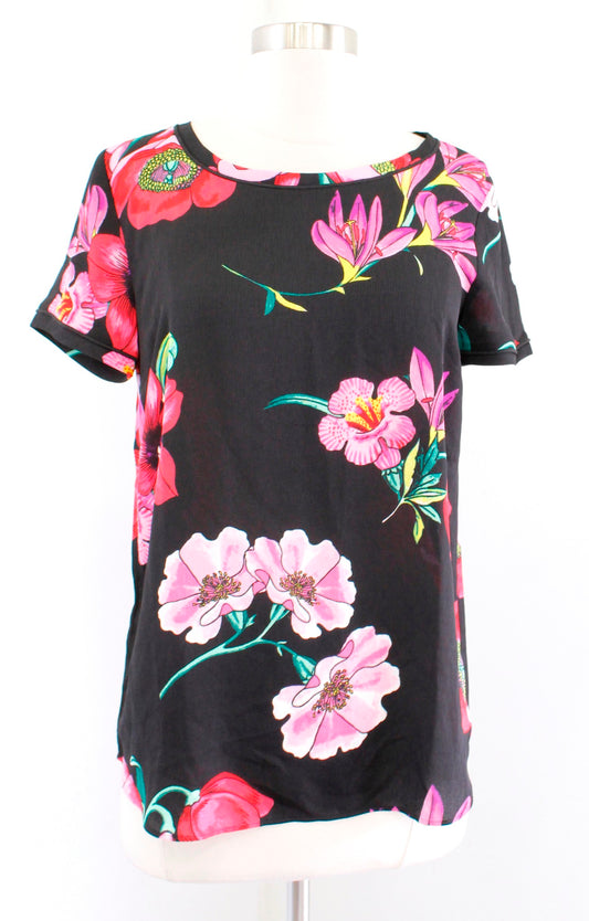 NWT Ann Taylor Black Bold Colorful Floral Print Short Sleeve Top Blouse XS Pink