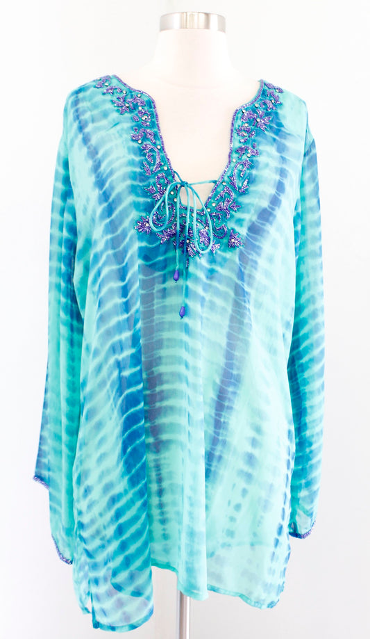 Soft Surroundings Green Blue Tie Dye Print Sequin Tunic Top Coverup Size XL