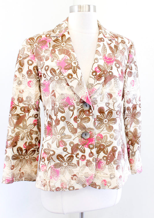 Lafayette 148 New York Beige Brown Pink Floral Embroidered Blazer Jacket Size 8