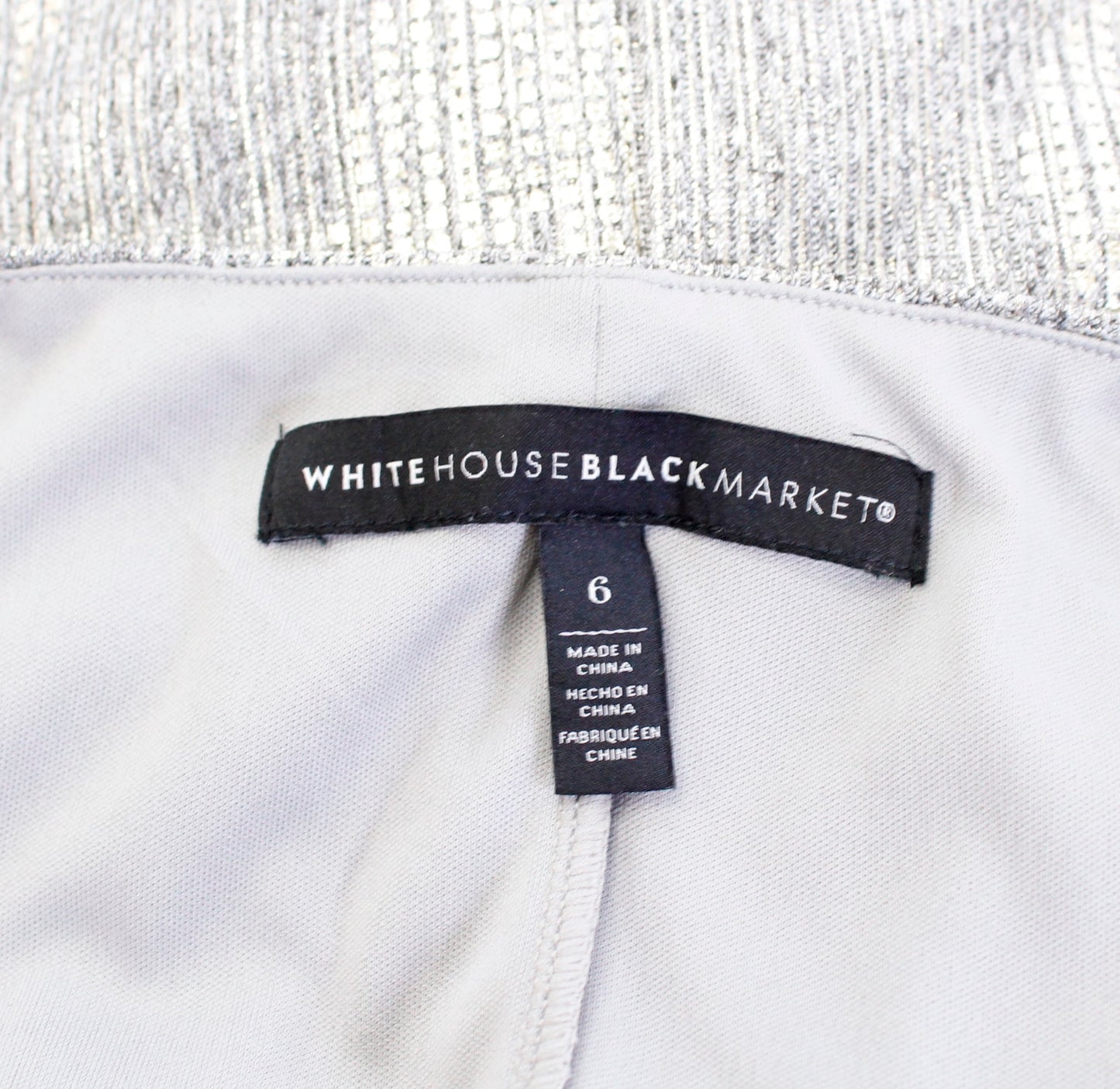 White House Black Market Gray Silver Gold Metallic Drape Neck Shift Dress Size 6