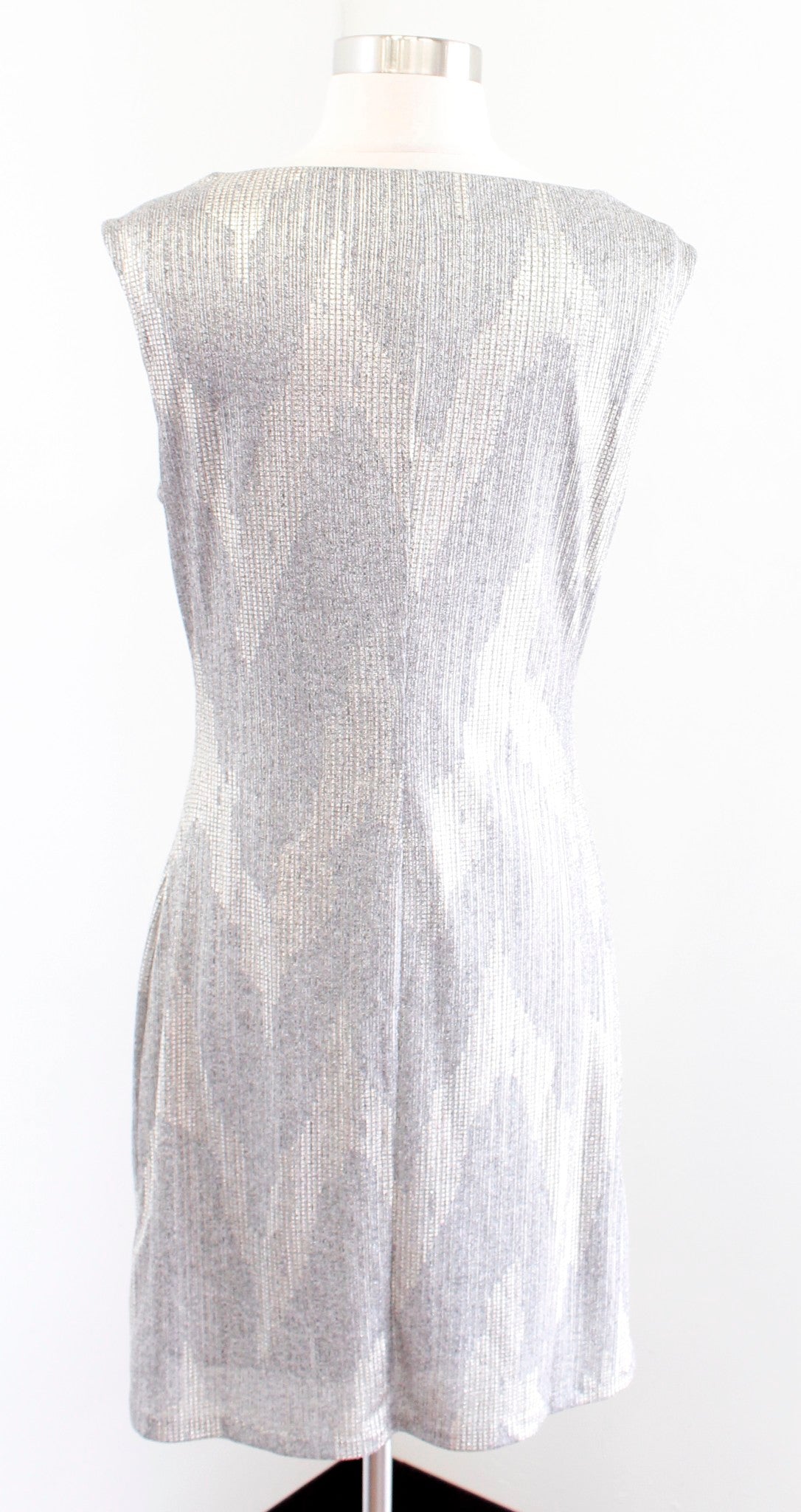 White House Black Market Gray Silver Gold Metallic Drape Neck Shift Dress Size 6