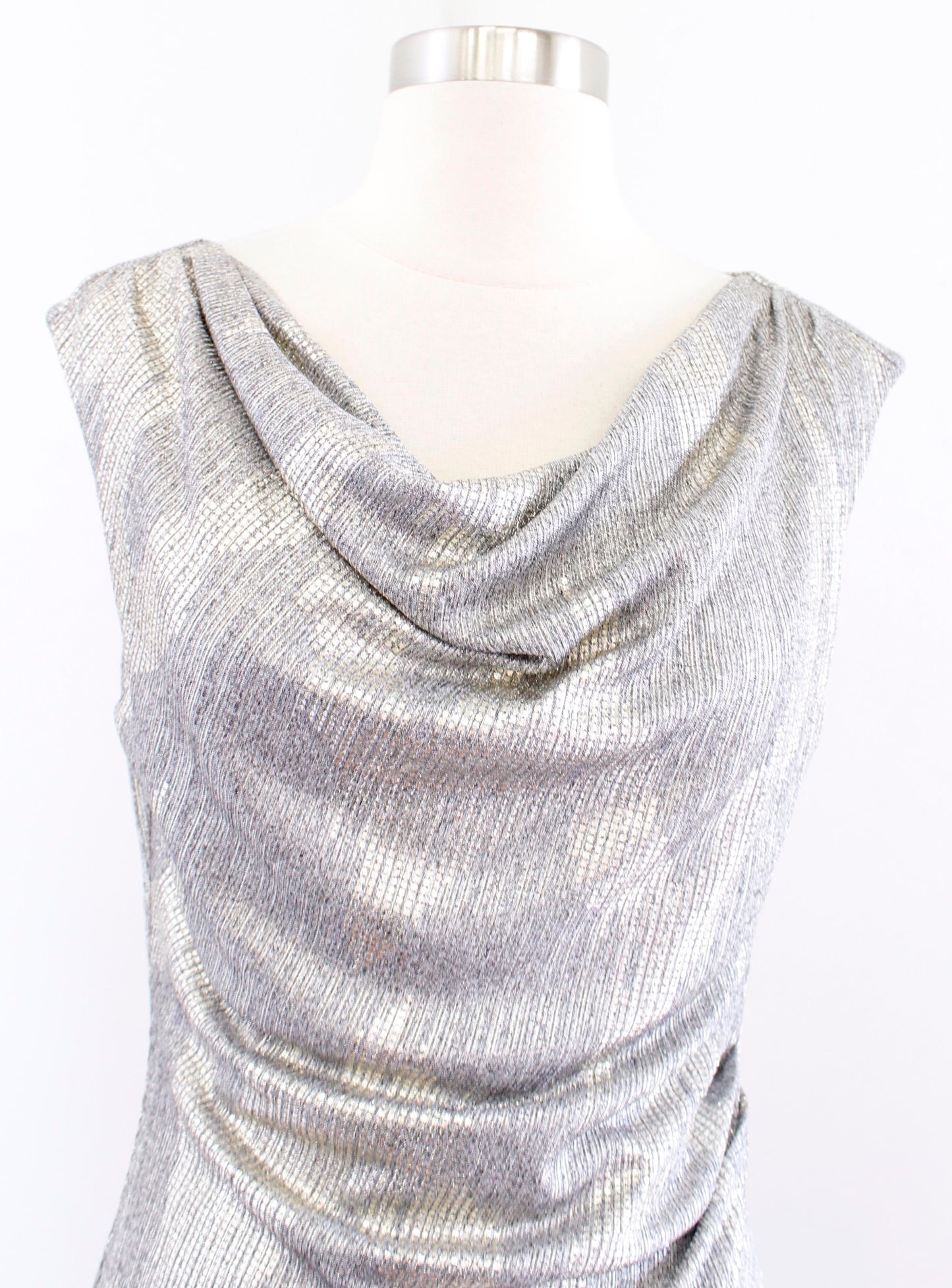 White House Black Market Gray Silver Gold Metallic Drape Neck Shift Dress Size 6