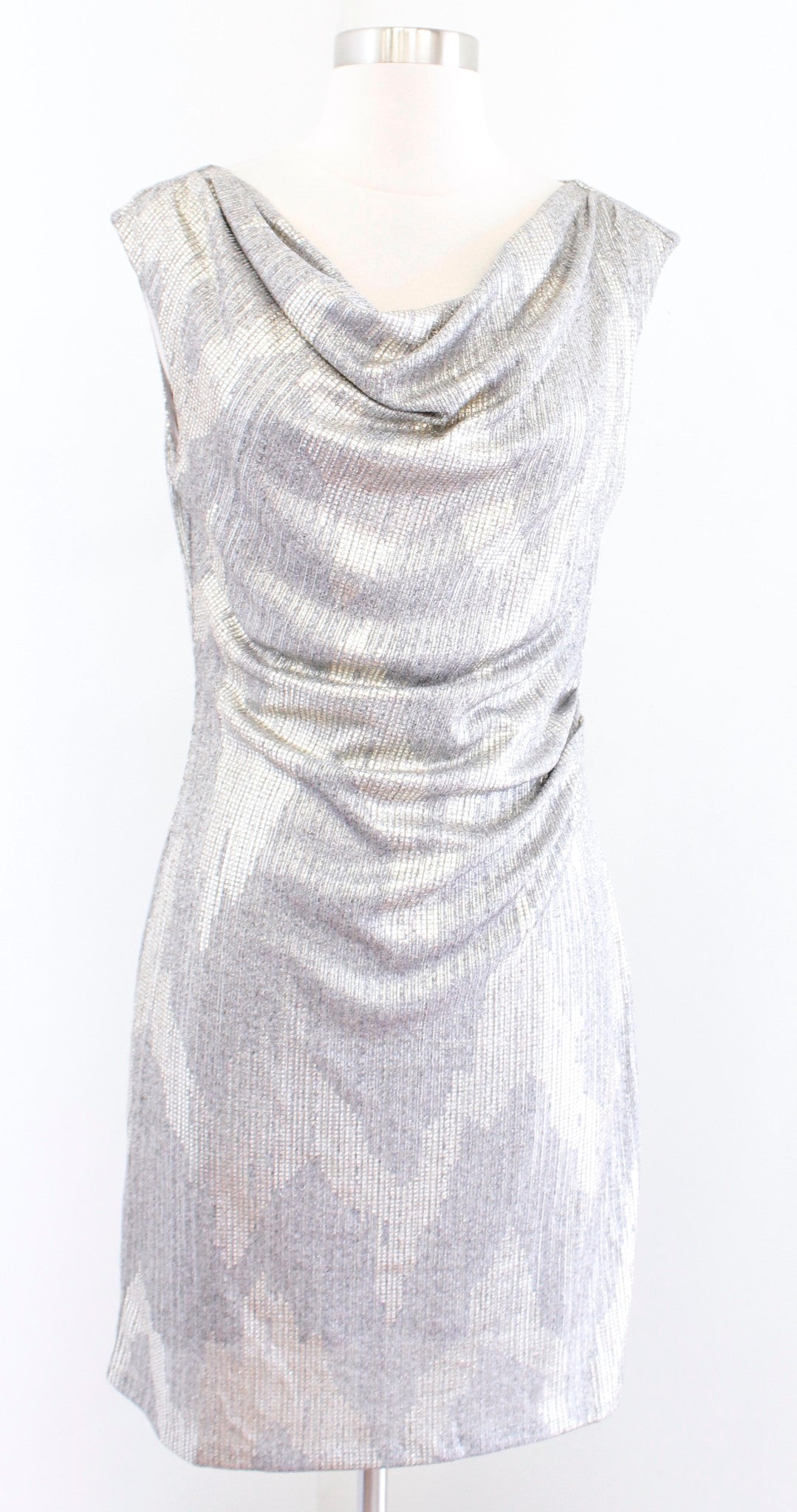 White House Black Market Gray Silver Gold Metallic Drape Neck Shift Dress Size 6