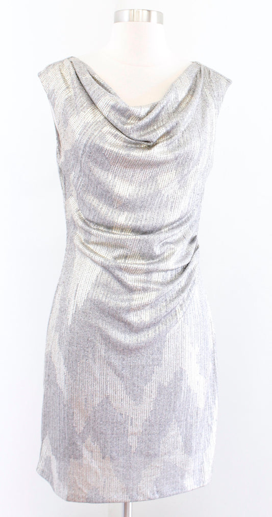 White House Black Market Gray Silver Gold Metallic Drape Neck Shift Dress Size 6