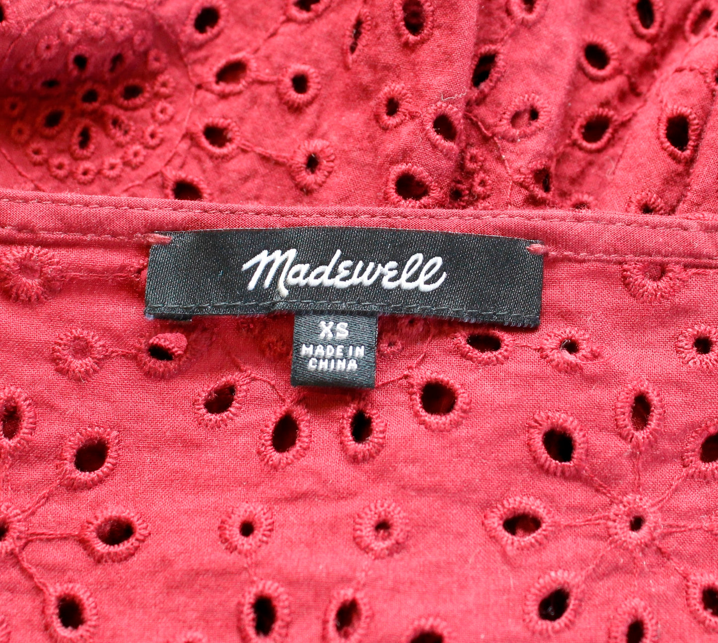 Madewell Wine Red Eyelet Lace Ruffle Pompom Trim Top Blouse Size XS V Neck