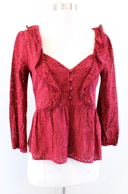 Madewell Wine Red Eyelet Lace Ruffle Pompom Trim Top Blouse Size XS V Neck