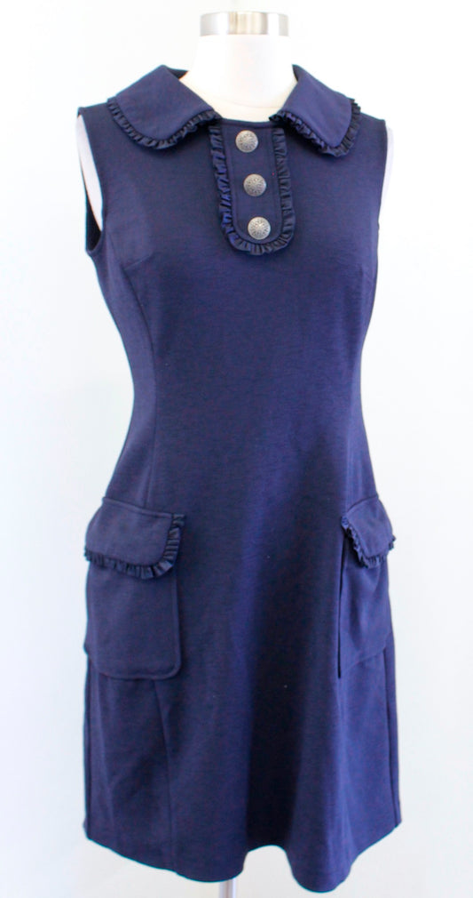 Nanette Lepore Navy Blue Ruffle Peter Pan Collar Shift Dress Size 4 Sleeveless