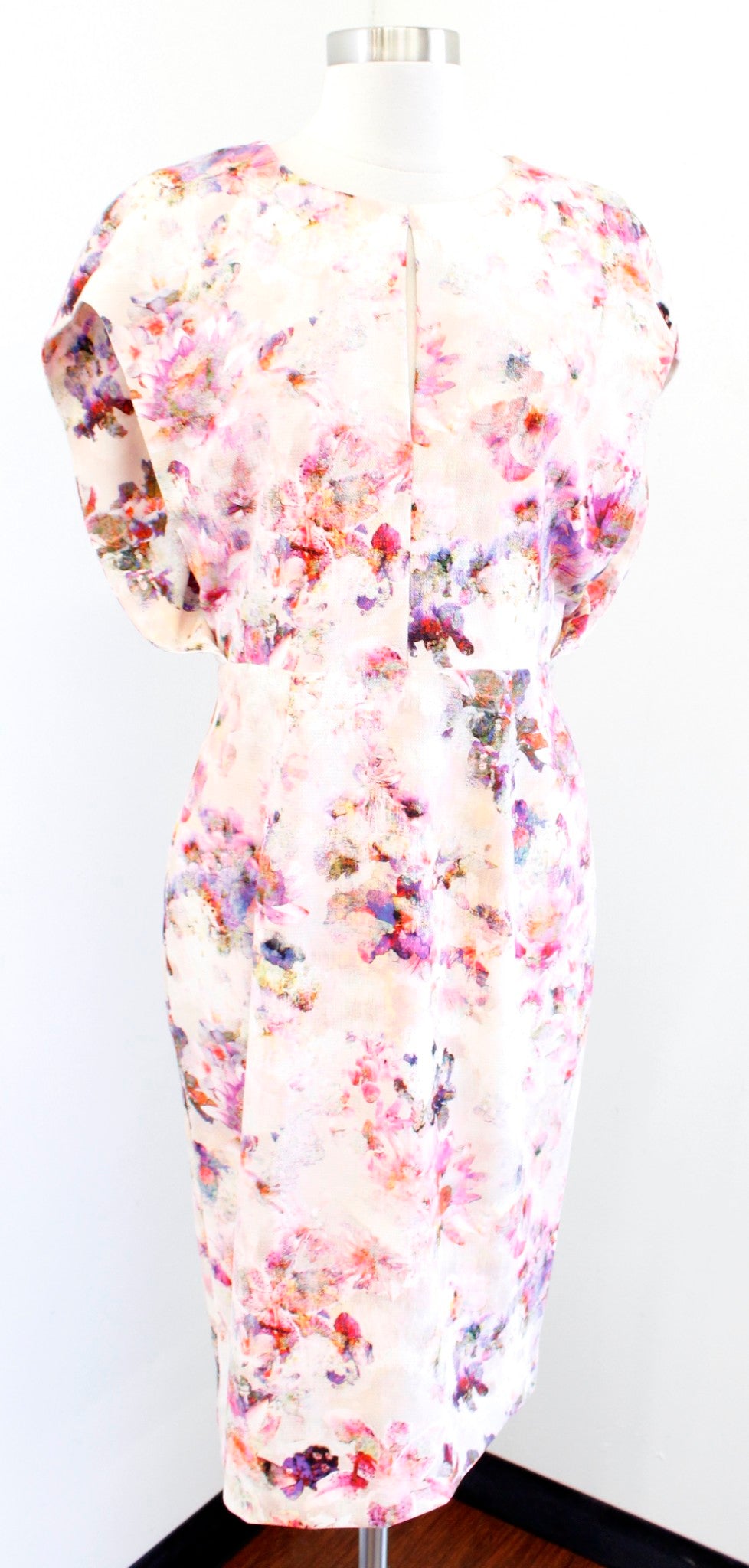 Black Halo Yoomi Watercolor Floral Cape Sleeve Sheath Dress Size 10 Pink Keyhole