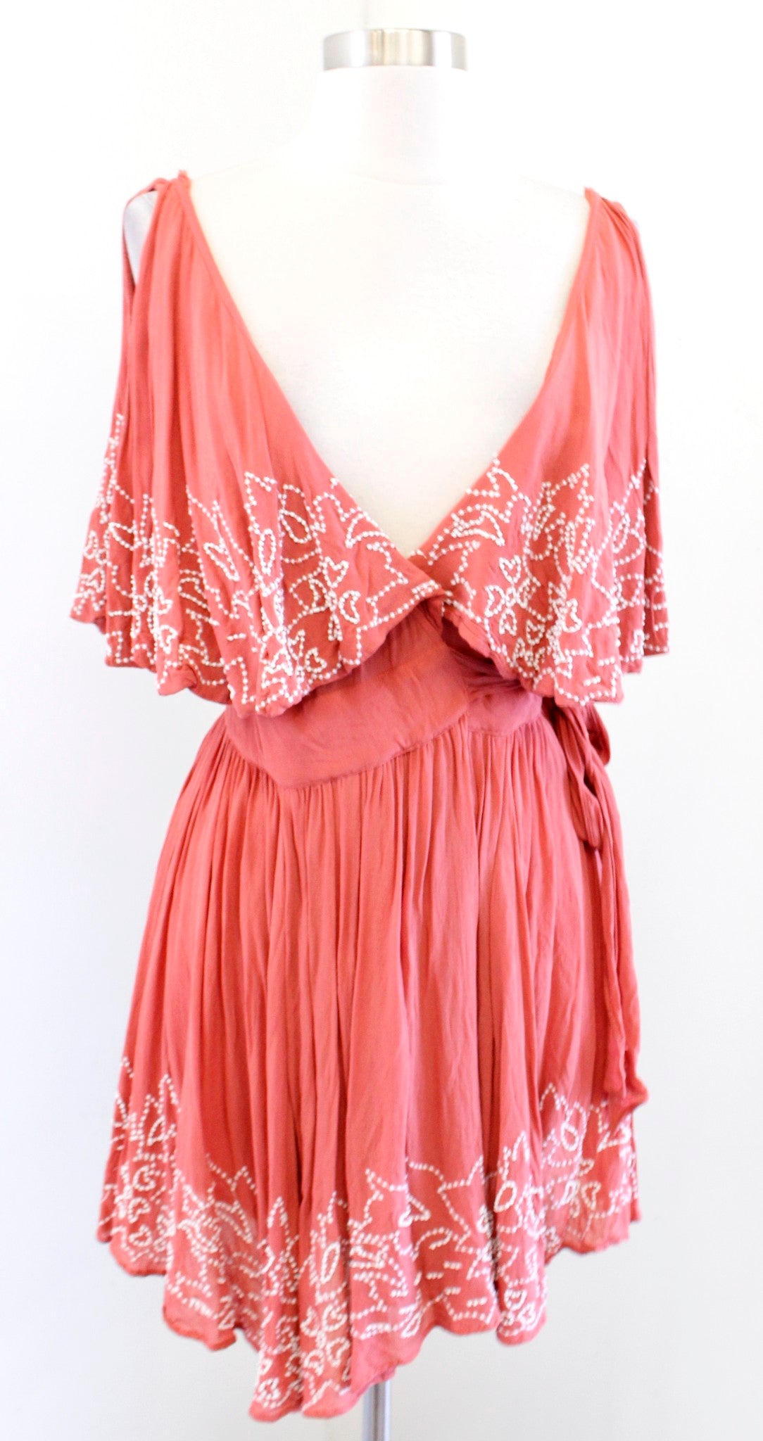Free People Sylvia Sequin Beaded Flounce Mini Wrap Dress Size XS Rust White