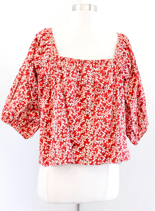 NWT Apiece Apart Gail Mango Bouquet Floral Shirred Top Blouse Size L Cropped