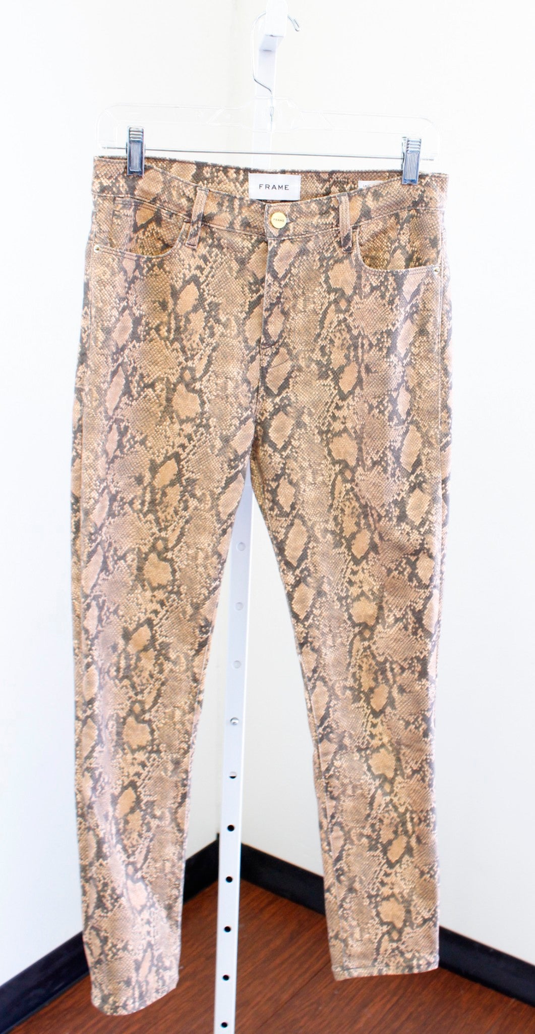 FRAME Le High Coated Snakeskin Python Print Skinny Crop Jeans Size 27 Tan