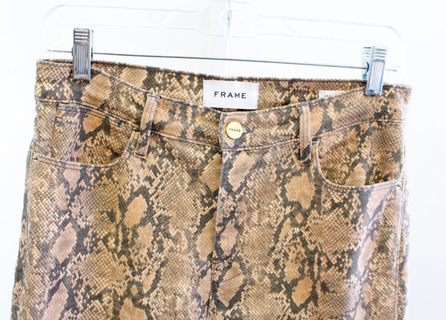 FRAME Le High Coated Snakeskin Python Print Skinny Crop Jeans Size 27 Tan