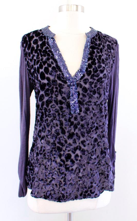 Tiny Anthropologie Vaha Navy Blue Burnout Velvet Leopard Top Blouse Sz M Sequin