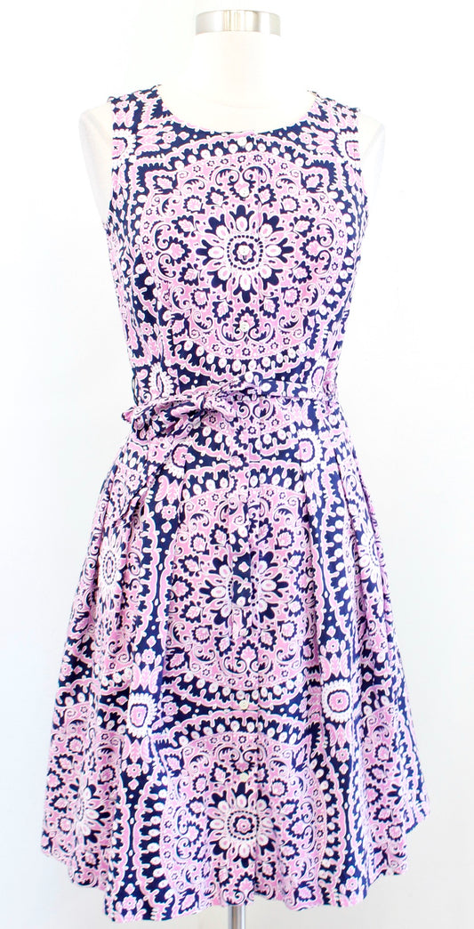 Talbots Poplin Fit and Flare Medallion Print Dress Size 2P Lilac Blue Sleeveless