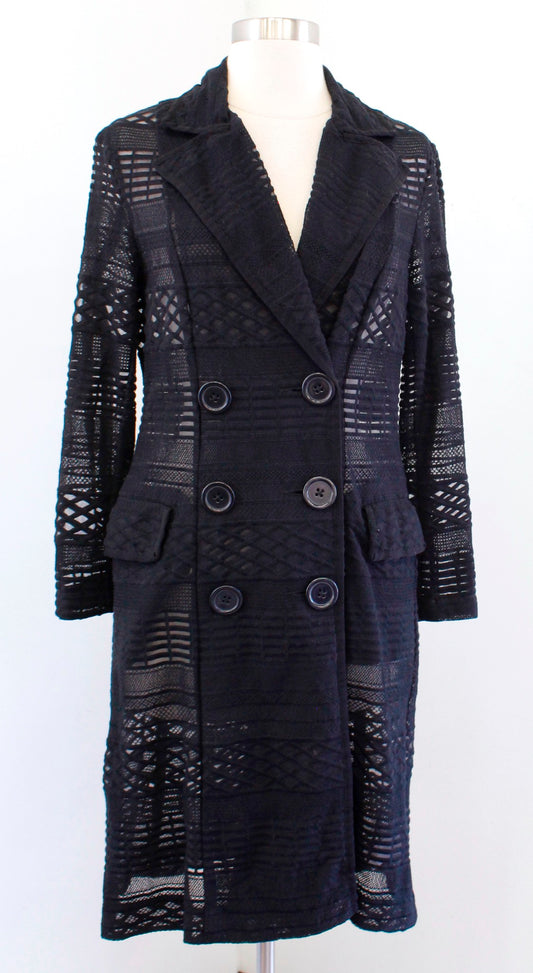 Etcetera Black Sheer Mesh Lace Long Jacket Car Coat Size 0 Double Breasted