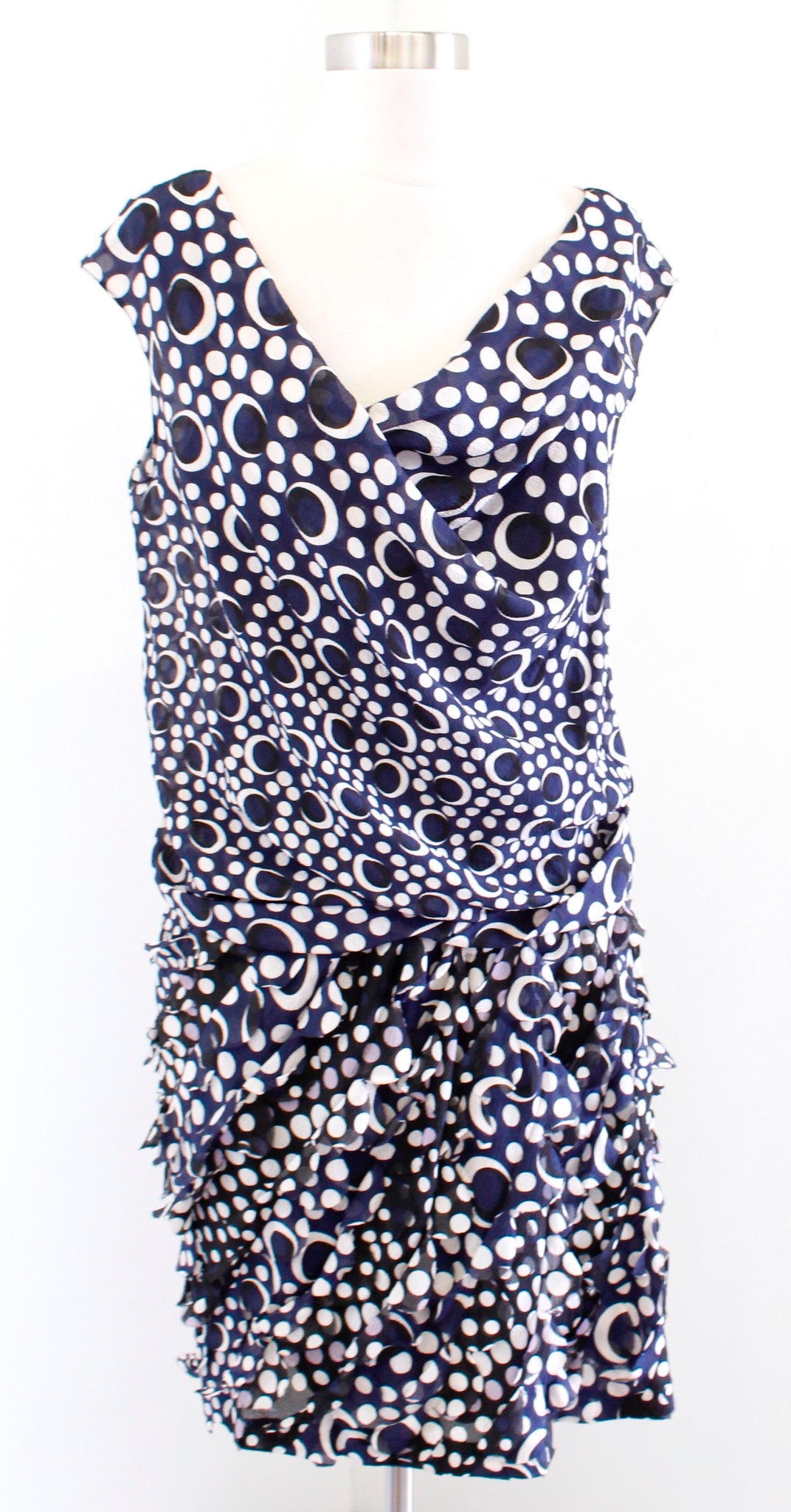 Diane Von Furstenberg Persia Navy Blue Silk Ruffle Polka Dot Dress Size 8 Draped