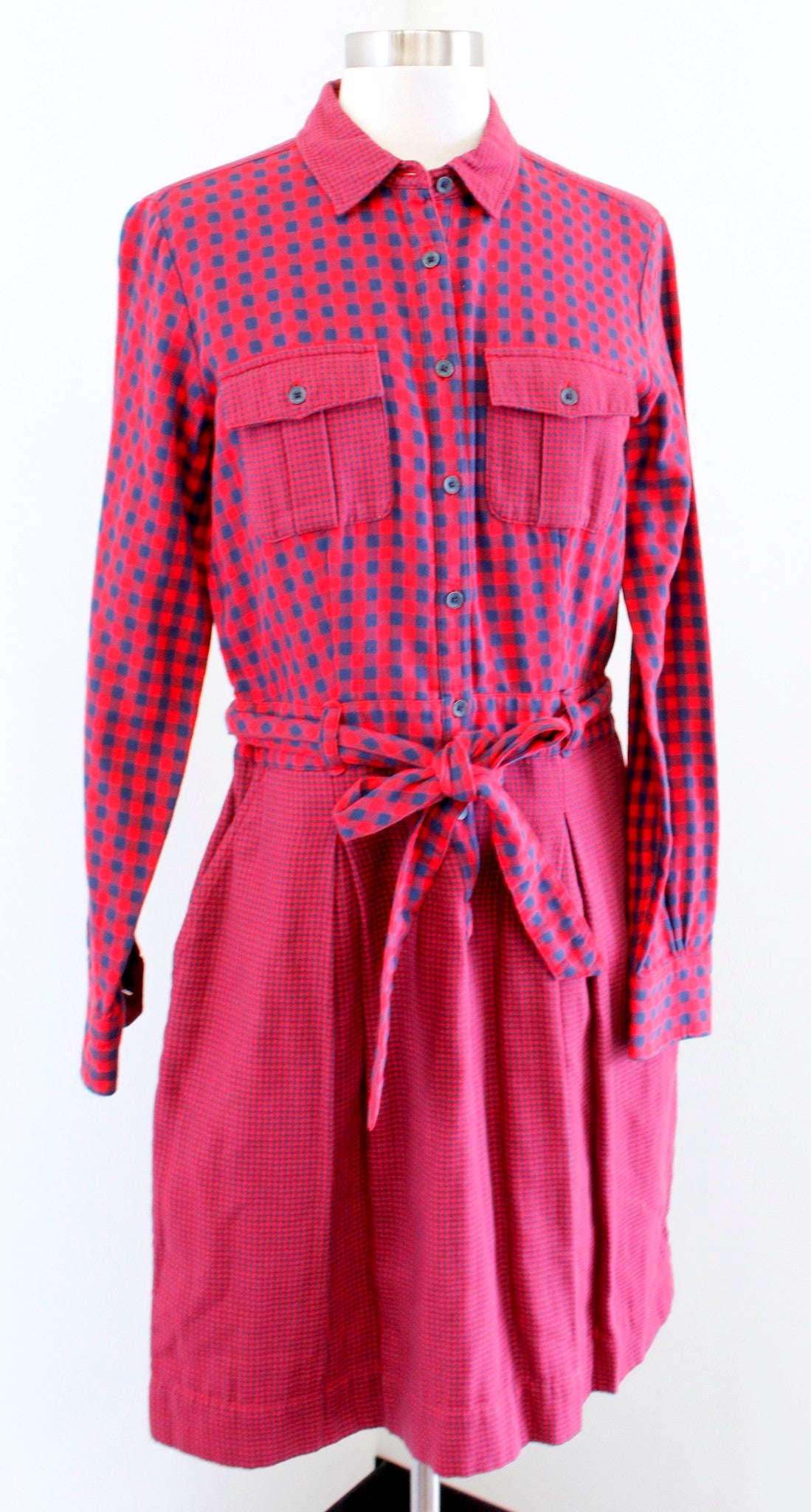 Brooks Brothers Womens Red Fleece Blue Red Plaid Tie Waist Shirt Dress Size 6