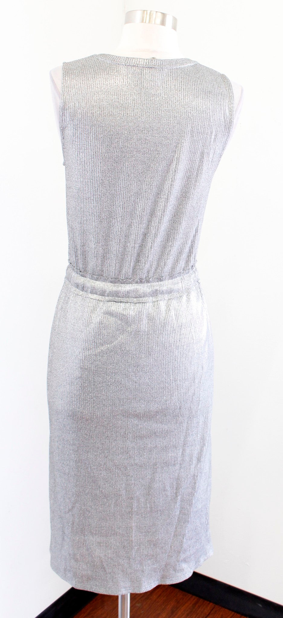 Dolan Anthropologie Silver Metallic Ribbed Drawstring Waist Midi Dress Size S