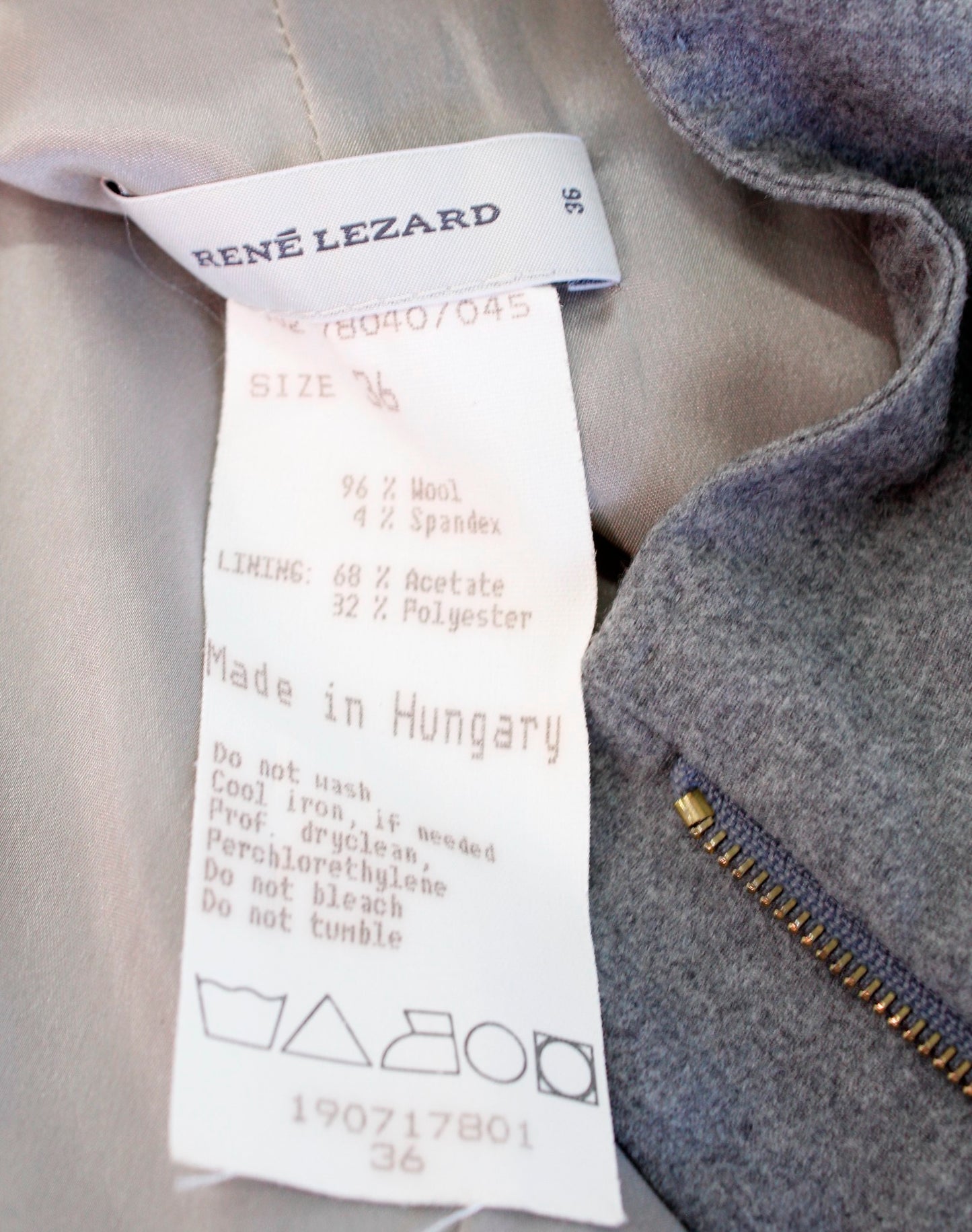 Rene Lezard Gray Ruffle Zip Front Stand Collar Wool Blend Jacket Size 36