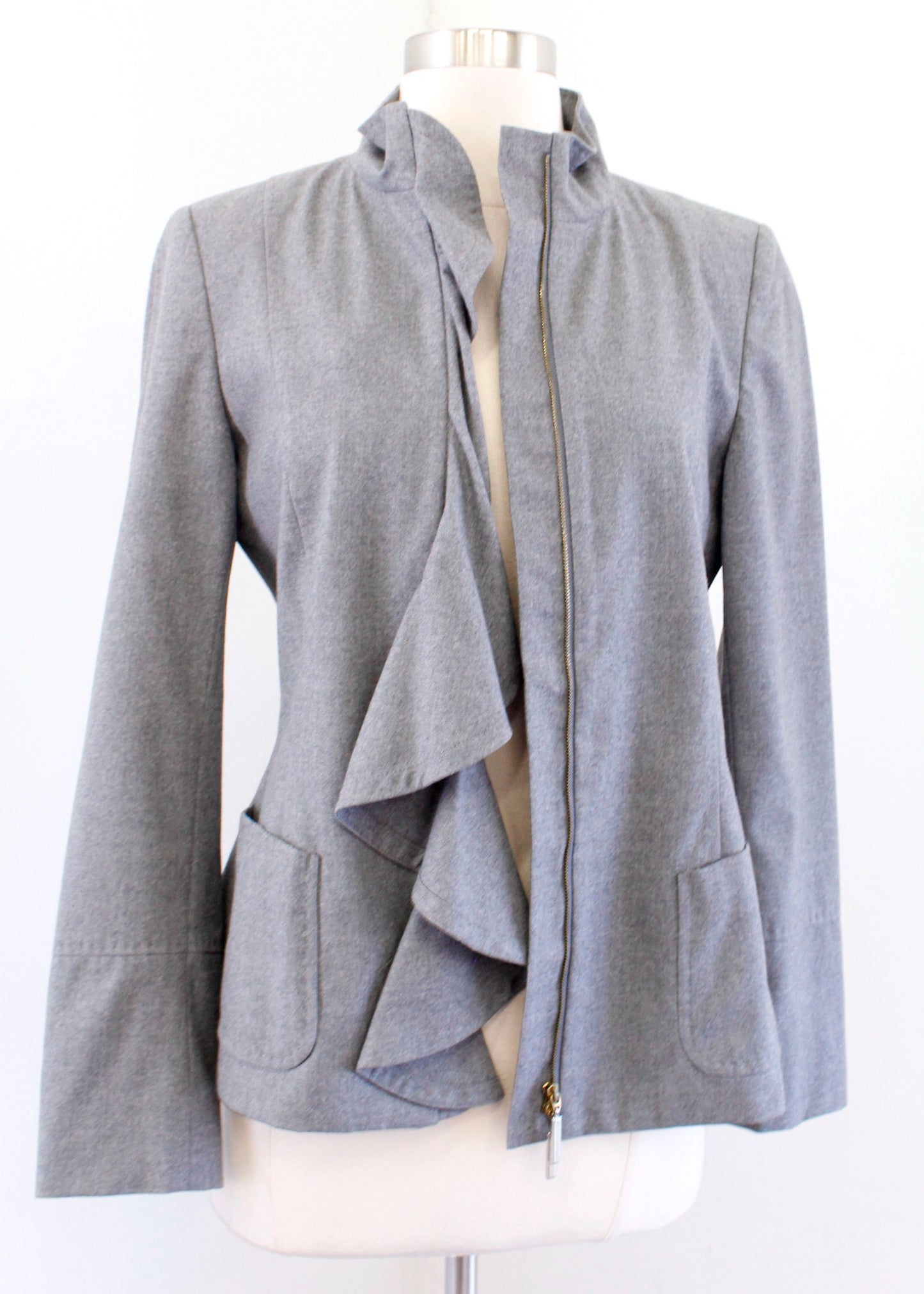 Rene Lezard Gray Ruffle Zip Front Stand Collar Wool Blend Jacket Size 36