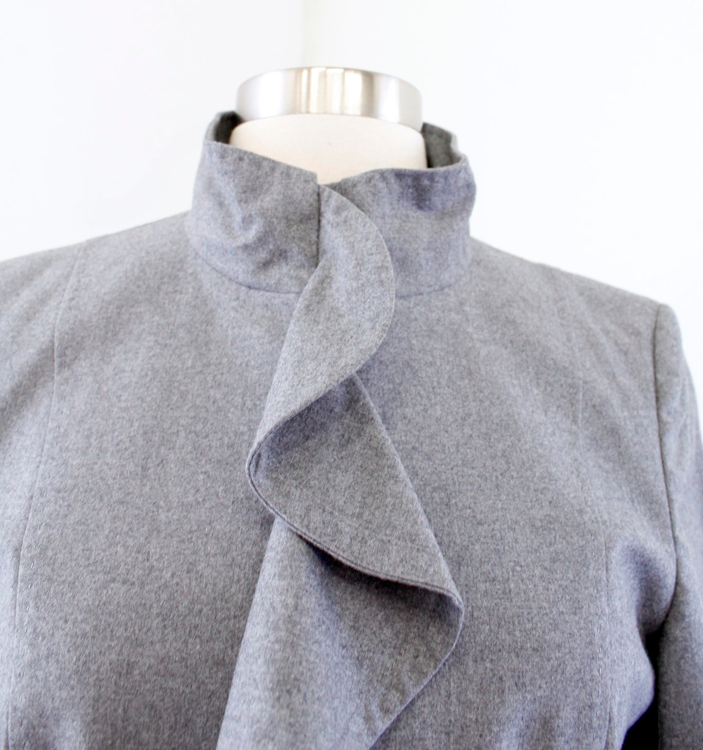 Rene Lezard Gray Ruffle Zip Front Stand Collar Wool Blend Jacket Size 36