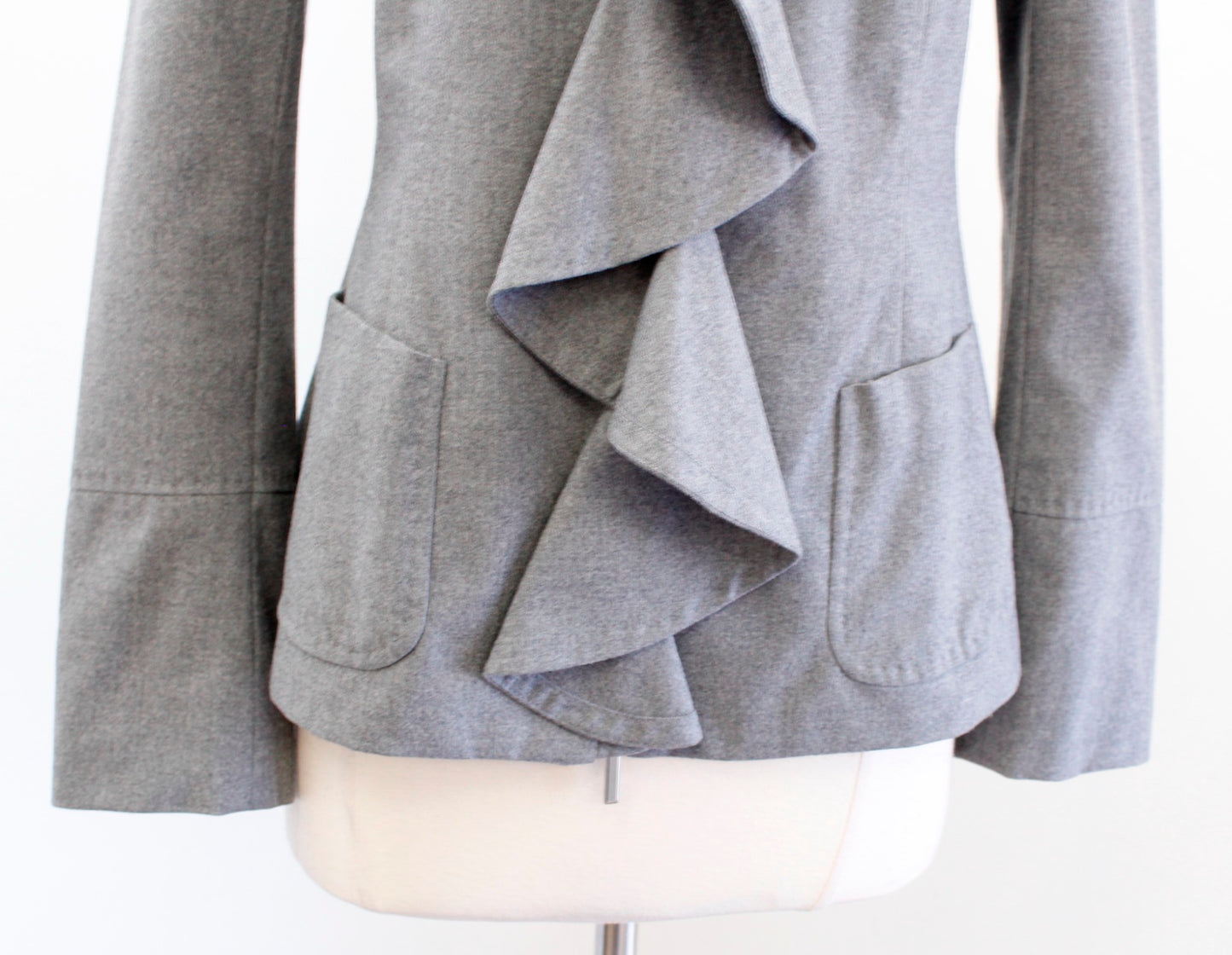 Rene Lezard Gray Ruffle Zip Front Stand Collar Wool Blend Jacket Size 36