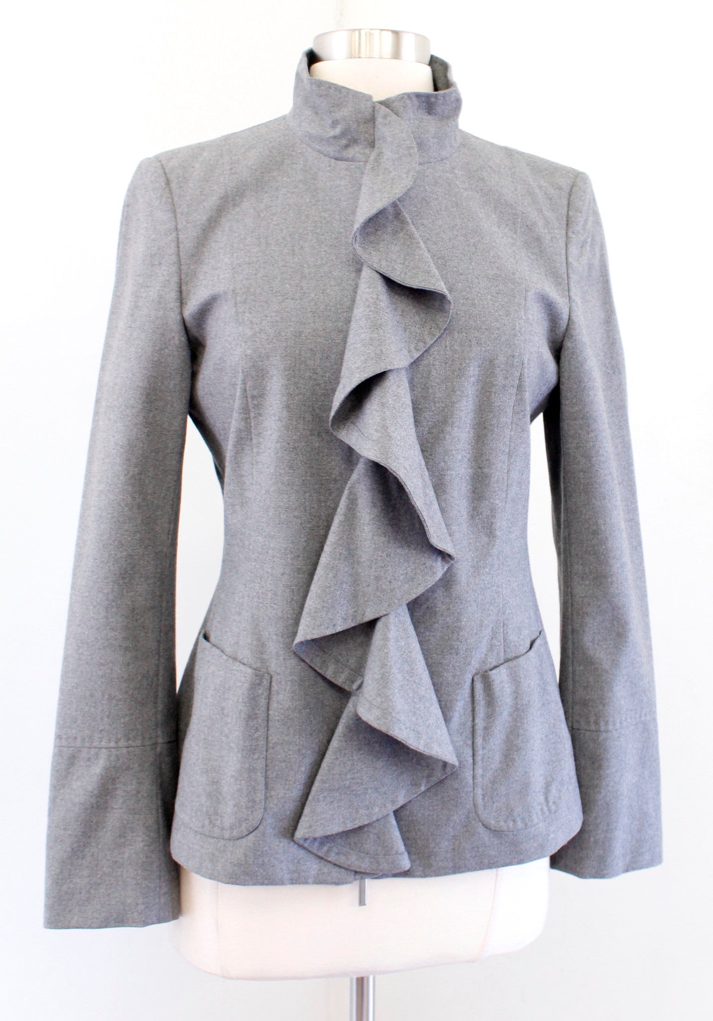 Rene Lezard Gray Ruffle Zip Front Stand Collar Wool Blend Jacket Size 36