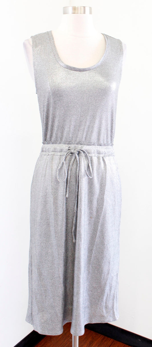 Dolan Anthropologie Silver Metallic Ribbed Drawstring Waist Midi Dress Size S