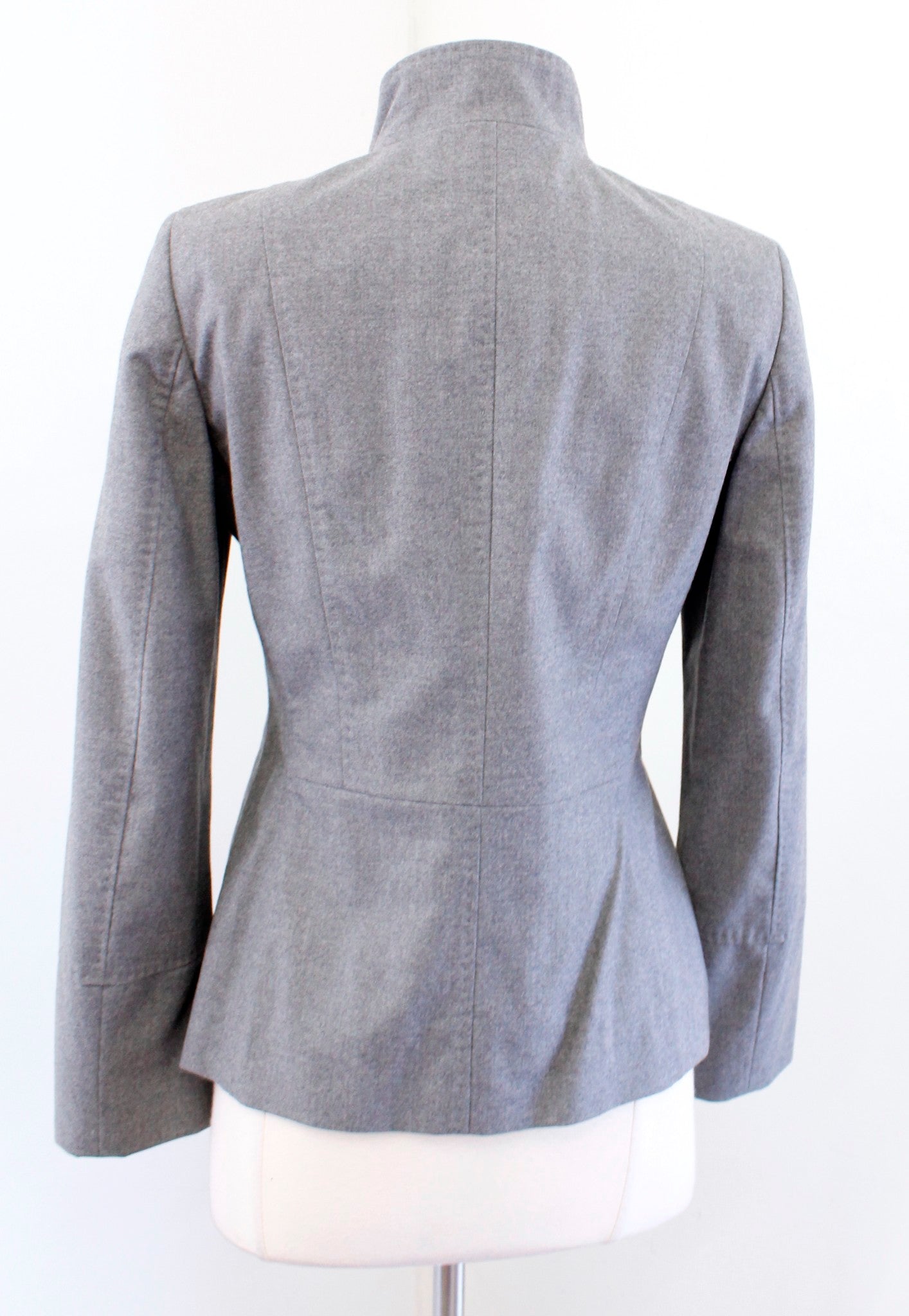 Rene Lezard Gray Ruffle Zip Front Stand Collar Wool Blend Jacket Size 36