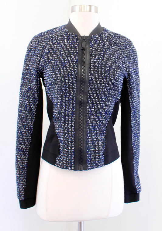 Elie Tahari Sandie Blue Black Tweed Crop Bomber Style Blazer Jacket XS Leather