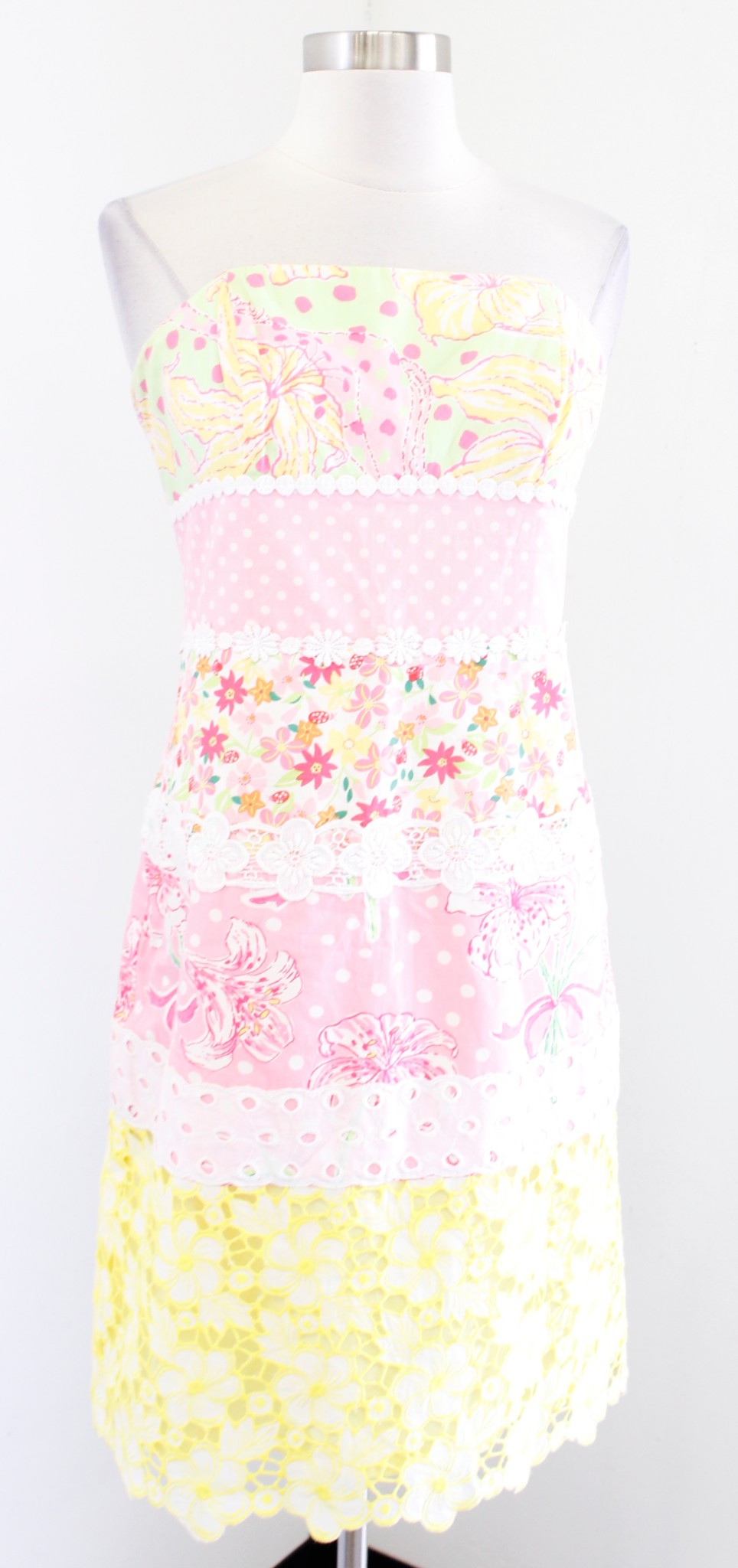 Vtg Lilly Pulitzer Patchwork Lace Floral Dress Size 6 Pink Yellow Polka Dot